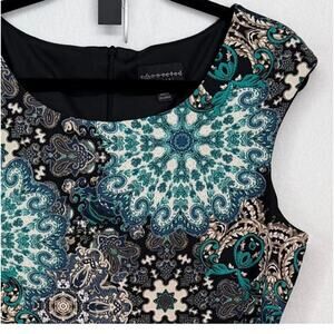Connected Apparel Teal Black Cream Print Sleeveless Midi Length Dress 12
